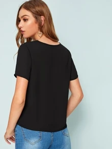 SHEIN LUNE V-neck Mesh Insert Blouse - Black - View 2