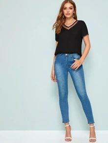 SHEIN LUNE V-neck Mesh Insert Blouse - Black - View 3