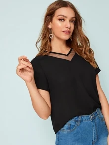 SHEIN LUNE V-neck Mesh Insert Blouse - Black - View 5