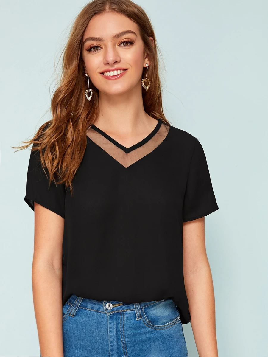 SHEIN LUNE V-neck Mesh Insert Blouse - Black - View 1