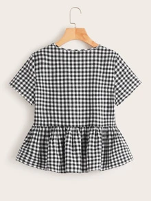 SHEIN Top smocked de cuadros con botón delantero - Blanco y Negro - Ver 2