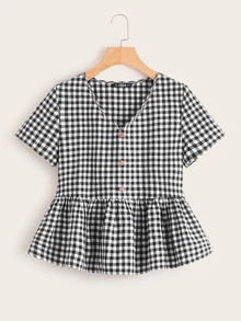 SHEIN Top smocked de cuadros con botón delantero - Blanco y Negro - Ver 1