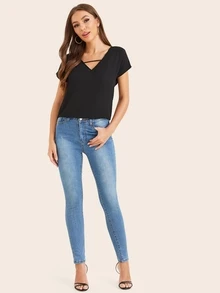 SHEIN LUNE Solid V-Cut Dolman Sleeve Top - Black - View 3