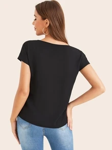 SHEIN LUNE Solid V-Cut Dolman Sleeve Top - Black - View 2