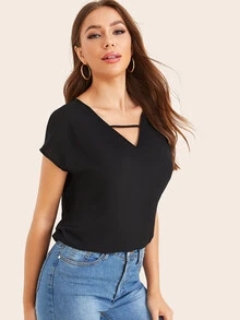SHEIN LUNE Solid V-Cut Dolman Sleeve Top - Black - View 5