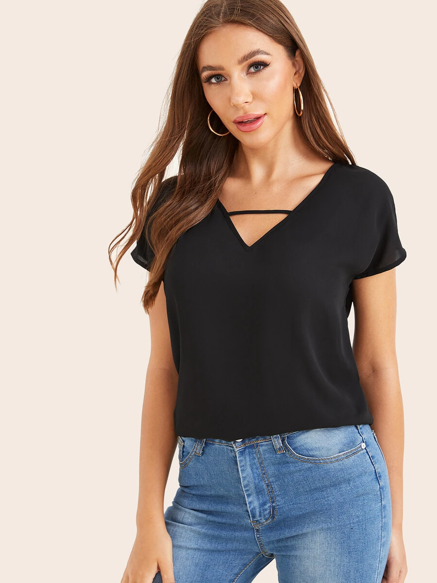 SHEIN LUNE Solid V-Cut Dolman Sleeve Top - Black - View 1