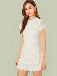 SHEIN 素色後拉錬蕾絲連衣裙 - 白色 - 查看 3