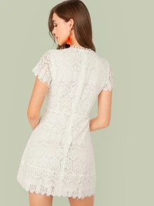 SHEIN 素色後拉錬蕾絲連衣裙 - 白色 - 查看 2