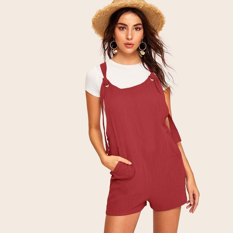 Pocket Front Playsuit With Knot Strap, Burgundy