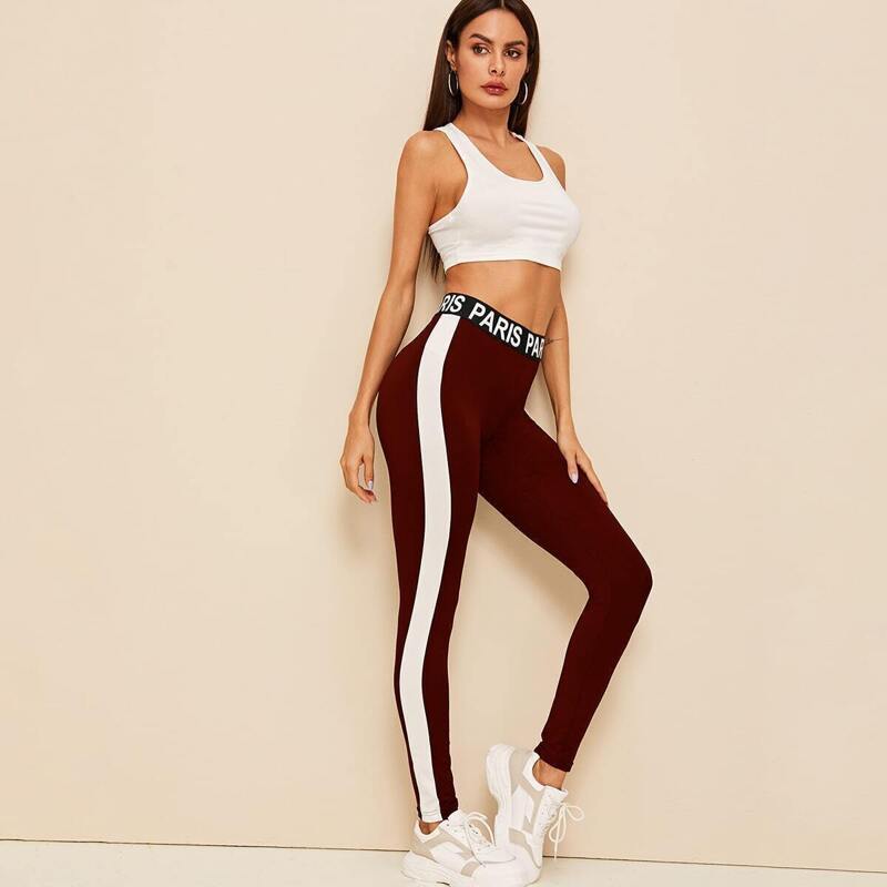 

Letter Tape Waist Contrast Side Seam Leggings, Burgundy