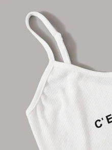 SHEIN Top de tirante tejido de canalé con estampado de slogan - Blanco - Ver 3
