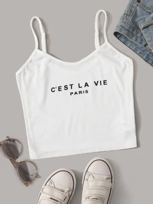SHEIN Top de tirante tejido de canalé con estampado de slogan - Blanco - Ver 1