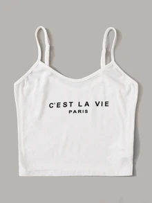 SHEIN Top de tirante tejido de canalé con estampado de slogan - Blanco - Ver 5