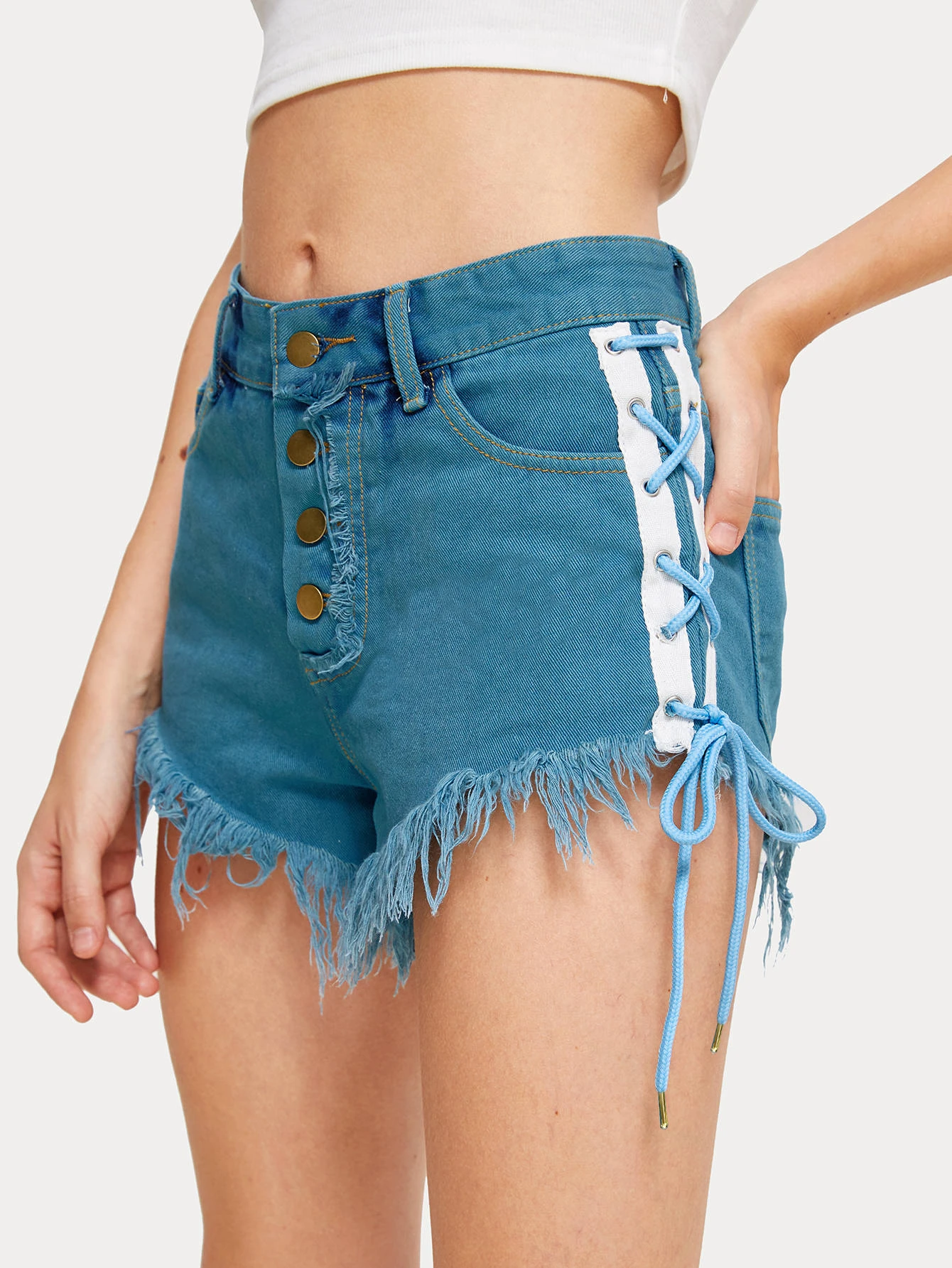 Shorts mezclilla bajo crudo con cordón - Azul - Ver 1