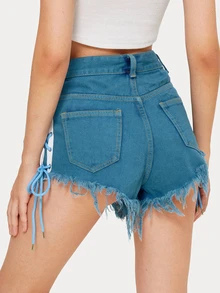 Shorts mezclilla bajo crudo con cordón - Azul - Ver 2