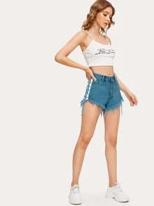 Shorts mezclilla bajo crudo con cordón - Azul - Ver 3