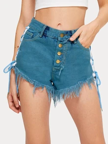 Shorts mezclilla bajo crudo con cordón - Azul - Ver 4