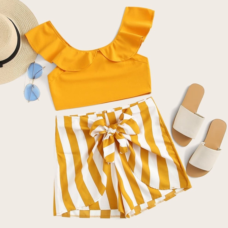 

Ruffle Trim Top With Striped Tie Front Skort, Yellow