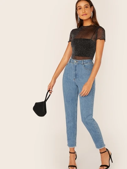 SHEIN BAE Glitter Sheer Mesh Lettuce-Edge Top,Valentine's Day,Valentine Outfits For Women