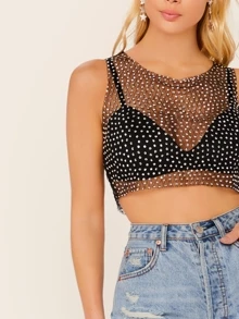 SHEIN لباس علوي نمط المحاصيل شبكي شفاف ومدروز بأناناس