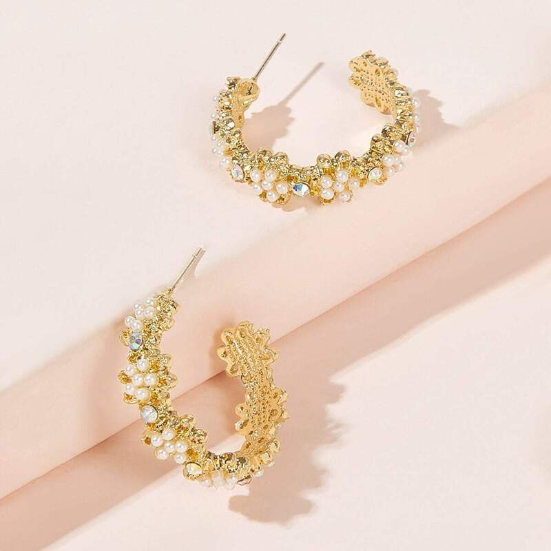 

Faux Pearl Decor Cuff Hoop Earrings 1pair, Gold