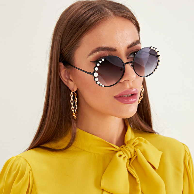 

Faux Pearl Decor Round Frame Sunglasses, Black