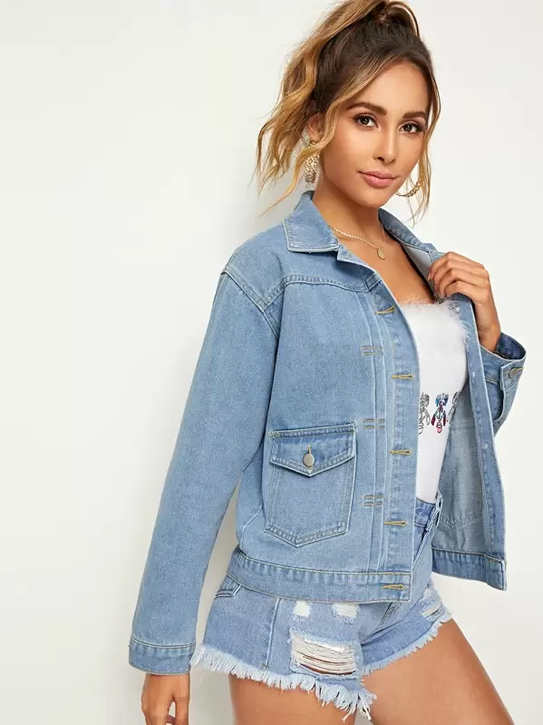BLACK FRIDAY 2020 | Veste en jean avec poches et boutons Veste en jean avec boutons à franges | Mode en ligne | SHEIN