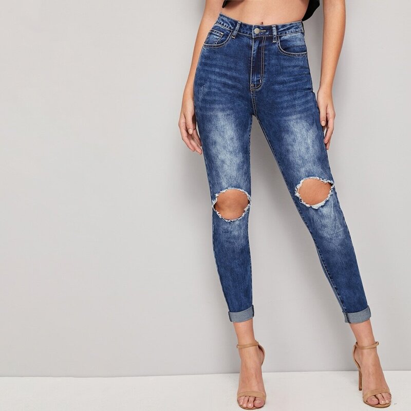 

Raw Hem Cut-out Jeans, Blue