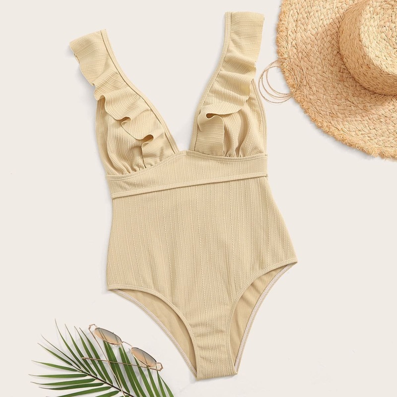 

Ruffle Trim Lace Up One Piece Swimwear, Beige