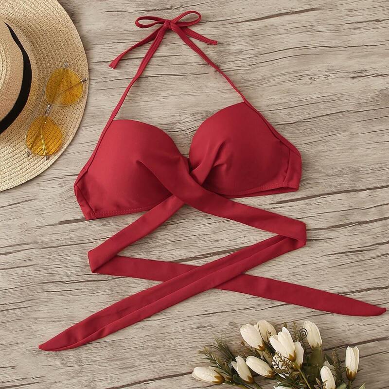 

Wrap Halter Swimming Top, Red