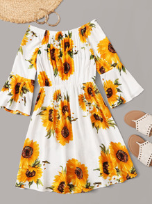 Floral Print Flounce Sleeve Off Shoulder Dress