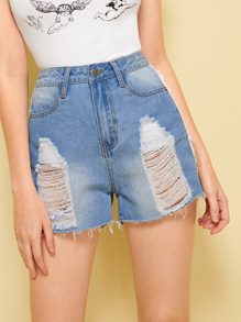 Ladder Distressed Denim Shorts