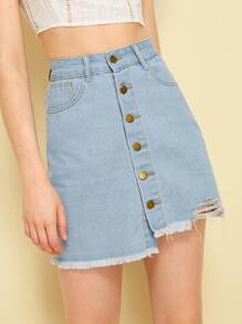 Button Front Raw Hem Denim Skirt