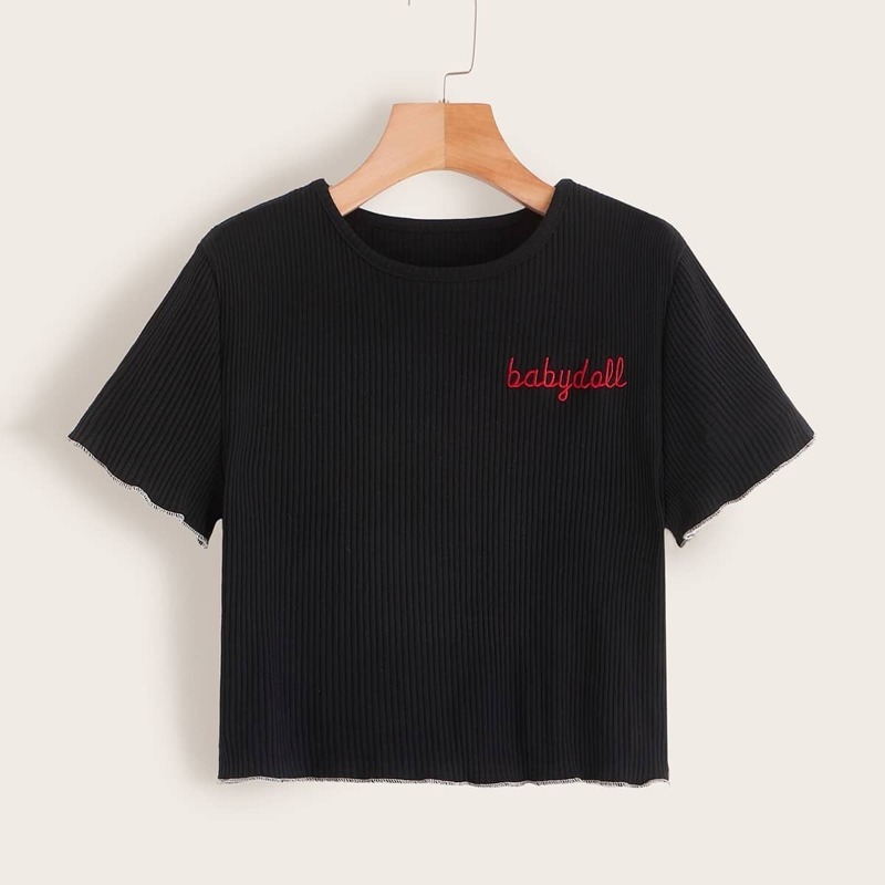 

Letter Embroidery Knit Crop Tee, Black