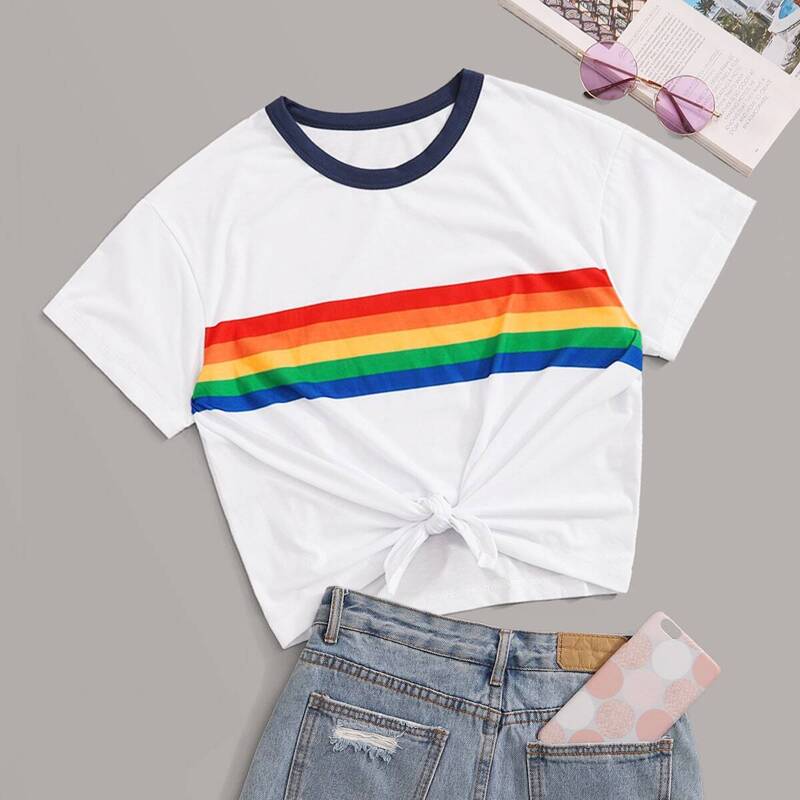 

Colorful Striped Print Contrast Binding Tee, White