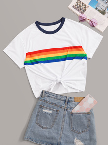 Colorful Striped Print Contrast Binding Tee