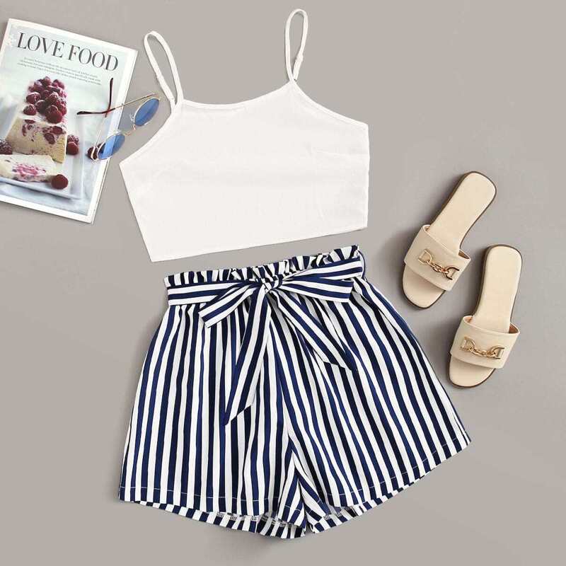 

Cami Top & Striped Paper Bag Shorts, Multicolor