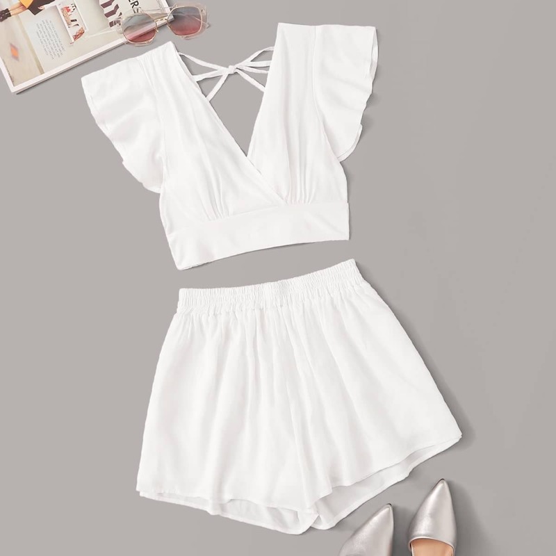 

Tie Back Butterfly Sleeve Top With Shorts, White