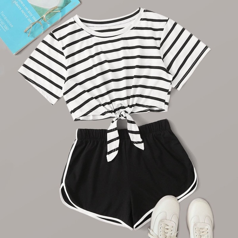 

Striped Print Knot Hem Tee With Track Shorts, Black and white
