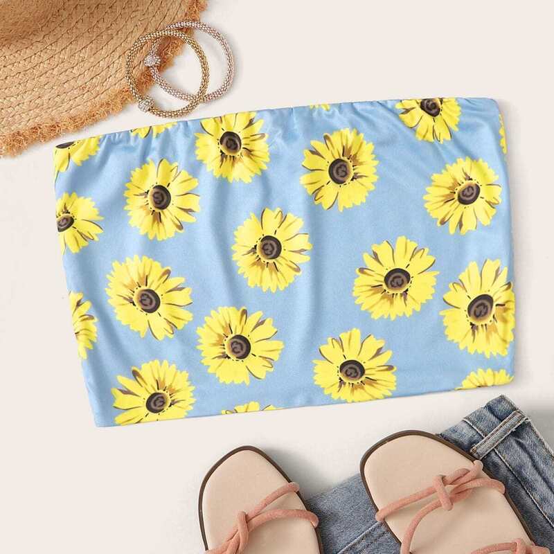 

Sunflower Print Tube Top, Blue