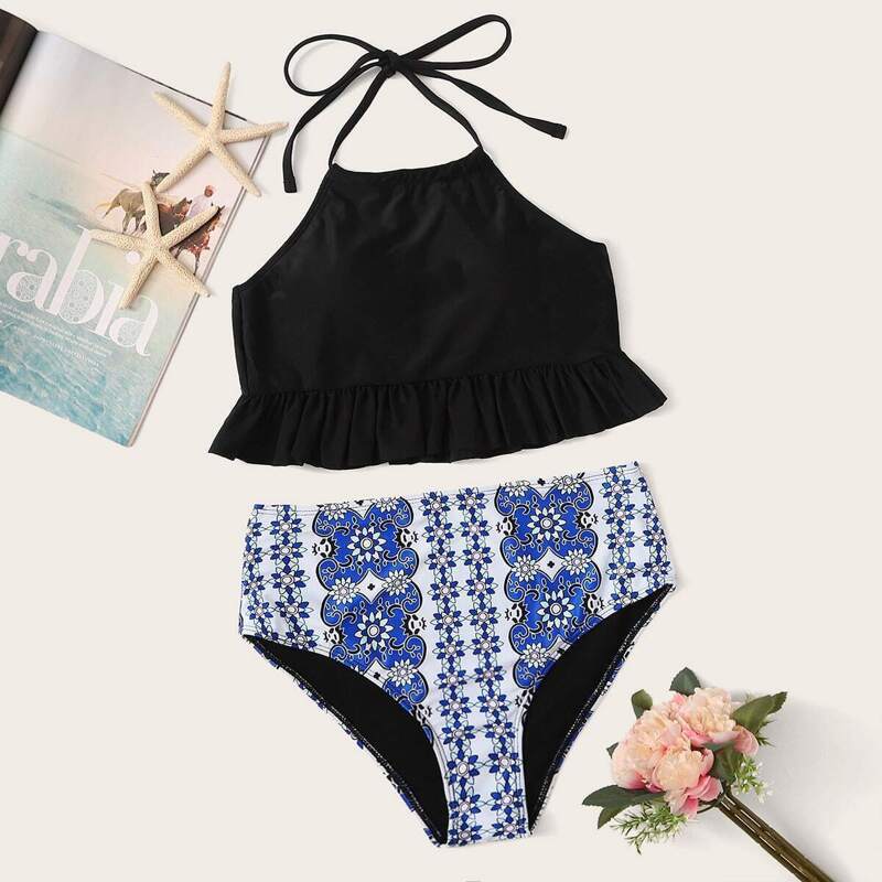 

Ruffle Hem Halter Top With Tribal Bikini Set, Black
