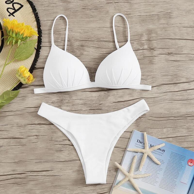 

Solid High Cut Bikini Set, White