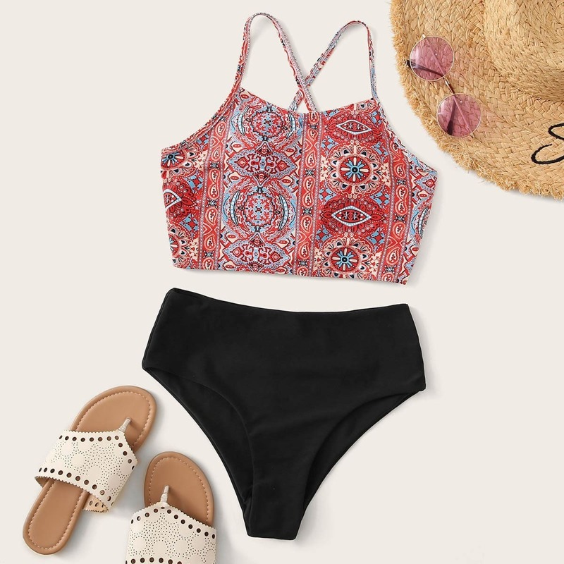 

Tribal Criss Cross Top With High Waist Bikini Set, Multicolor