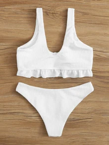 Conjunto de bikini texturizado con cuello en V y borde de volantes en el dobladillo para la playa de verano - Blanco - Ver 2