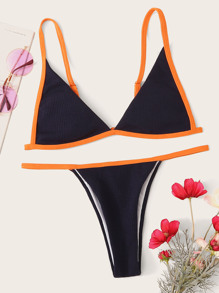 Contrast Binding Triangle Top With Tanga Bikini Set