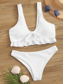 Conjunto de bikini texturizado con cuello en V y borde de volantes en el dobladillo para la playa de verano - Blanco - Ver 1