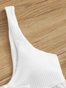 Conjunto de bikini texturizado con cuello en V y borde de volantes en el dobladillo para la playa de verano - Blanco - Ver 4