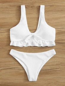 Conjunto de bikini texturizado con cuello en V y borde de volantes en el dobladillo para la playa de verano - Blanco - Ver 3