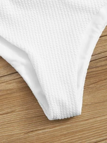 Conjunto de bikini texturizado con cuello en V y borde de volantes en el dobladillo para la playa de verano - Blanco - Ver 5