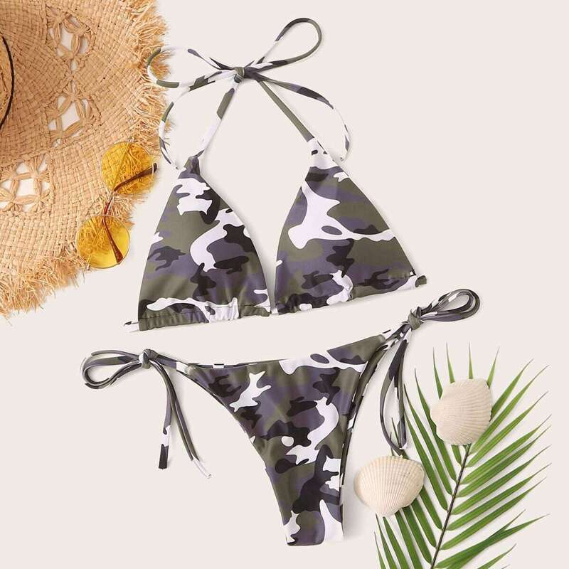

Camo Print Halter Top With Tie Side Bikini Set, Multicolor